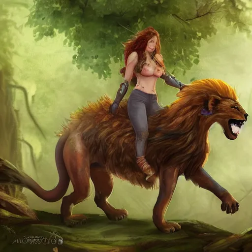 Prompt: girl riding a giant lion in the forest, trending on artstation