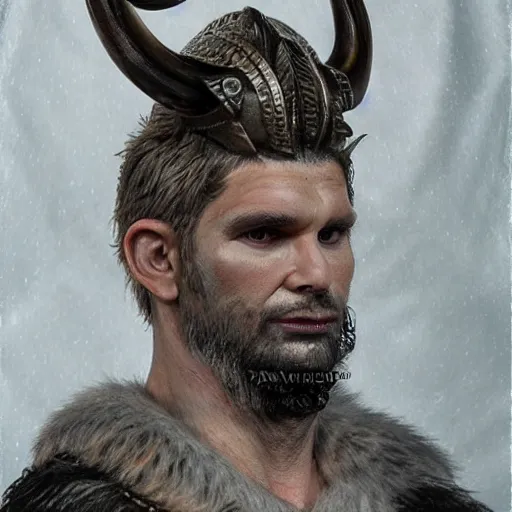 Image similar to of a viking from valhalla, wearing the horned helmet ultra fine detail, hair strands, ultra high resolution, fine texture detail, miniature painting techniques, perfect proportions, marvel cinematic universe, eric bana