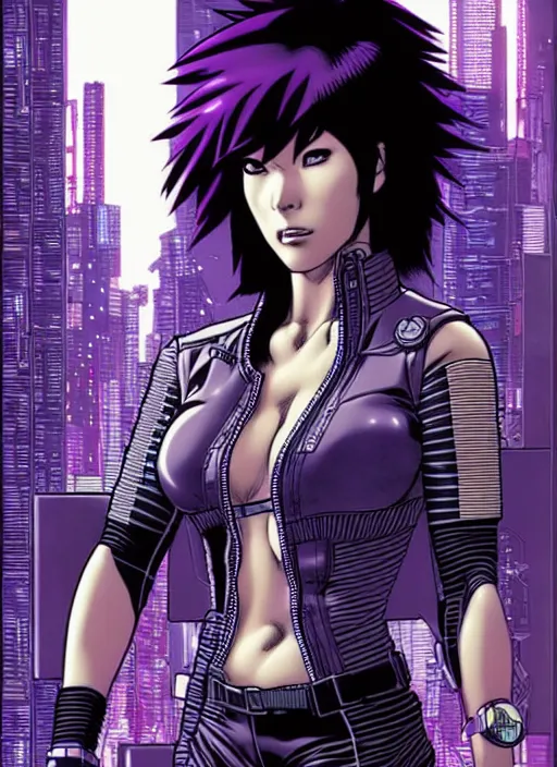 Image similar to motoko kusanagi in grungy cyberpunk megacity, intricate and finely detailed, cyberpunk vaporwave, portrait by j scott campbell, phil jimenez, ilya kuvshinov