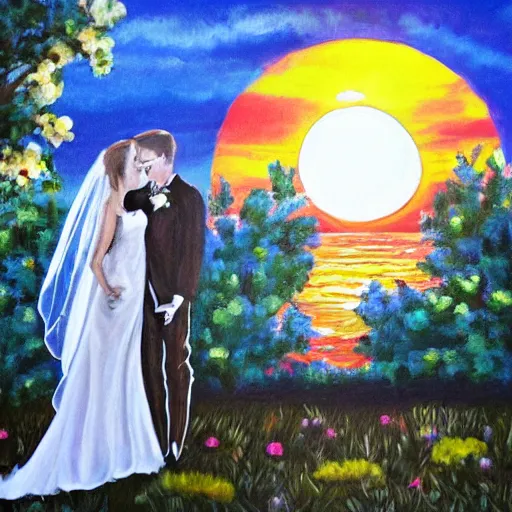 Image similar to skeleton wedding, sunset, cheerful, painting