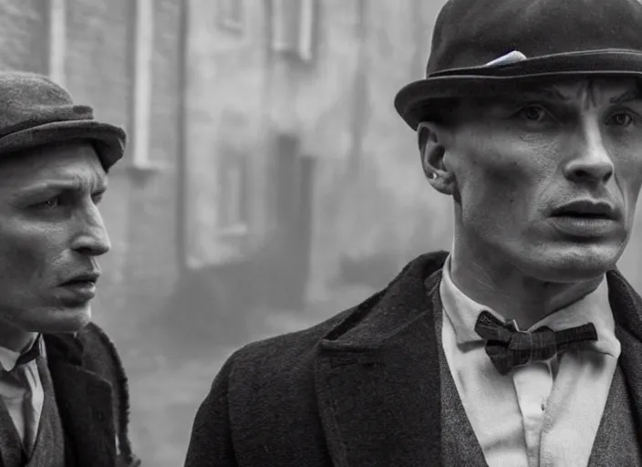 Prompt: an action scene from peaky blinders, medium long shot, cillian murphy and tom hardy, sharp eyes, serious expressions, detailed and symmetric faces, black and white, cinematic, epic,