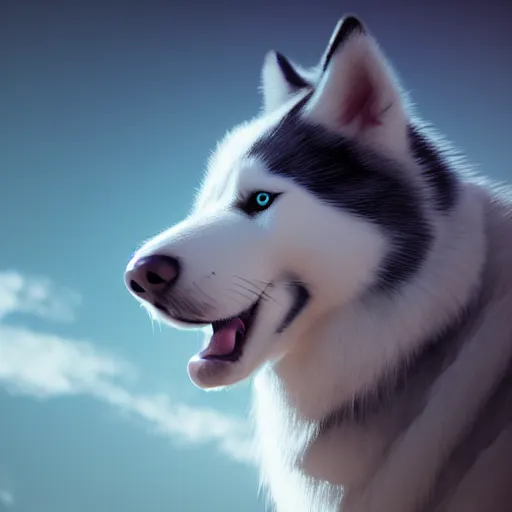 Image similar to Husky Dog ,cinematic shot, epic, volumetric lighting, made by Stanley Artgerm Lau, WLOP, Rossdraws, ArtStation, CGSociety, concept art, cgsociety, octane render, trending on artstation, artstationHD, artstationHQ, unreal engine, 4k, 8k,