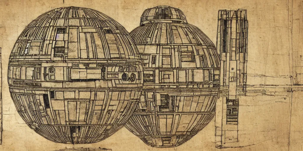 Prompt: the death star architecture diagram by leonardo da vinci, star wars, made on old parchment, highly detailed, trending on artstation