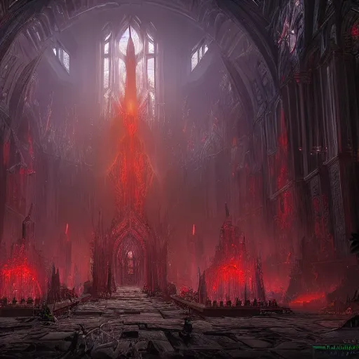Prompt: a huge chaos dark eldritch cathedral filled with red ray traced light and corruption by WLOP and tony sart and bekinski, god rays, fantasy art, 4k, HDR, photorealistic, 8k, trending on artstation