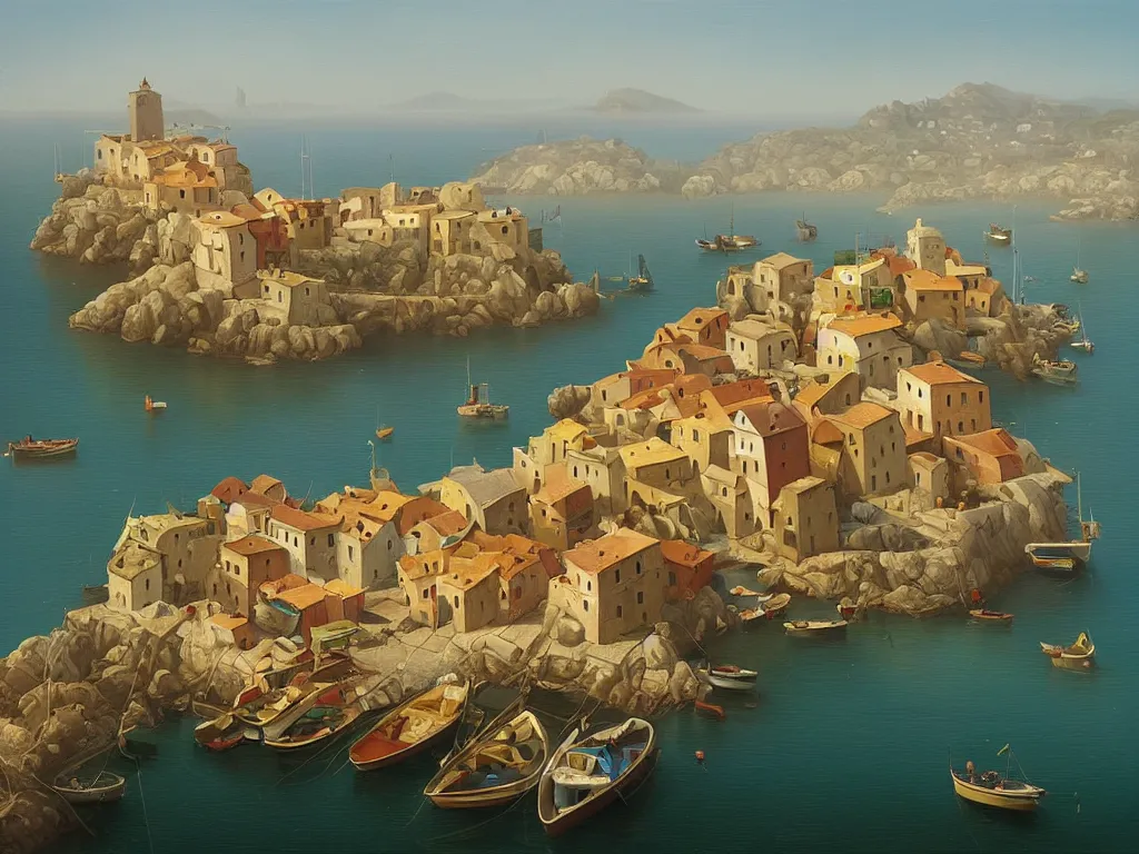 Prompt: A detailed, precise oil painting of a beautiful Mediterranean fishing village by Michiel Schrijver, surreal