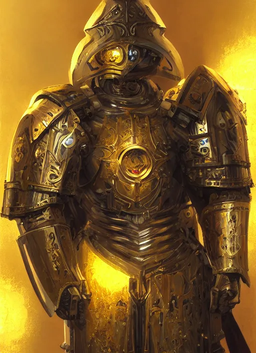 Image similar to dynamic portrait of a intricate glorious holy mechanical warforged character in yellow armor holding a paladin engraved great longsword and carrying a big paladin shield, spotlight from face , epic , trending on ArtStation, masterpiece, cinematic lighting, by Greg Rutkowski and by John Salminen and by Jackson Pollock and by Marc Simonetti