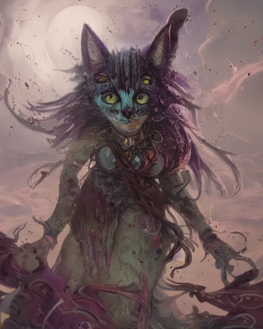 Prompt: Cat Witch, Nurgle, Tzeentch, magic the gathering artwork, D&D, fantasy, cinematic lighting, centered, symmetrical, highly detailed, digital painting, artstation, concept art, smooth, sharp focus, illustration, volumetric lighting, epic Composition, 8k, art by Akihiko Yoshida and Greg Rutkowski and Craig Mullins, oil painting, cgsociety