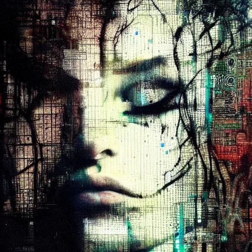 Image similar to portrait of a youthful beautiful women, mysterious, glitch effects over the eyes, fading, by Guy Denning, by Johannes Itten, by Russ Mills, centered, glitch art, clear skin, hacking effects, chromatic, cyberpunk, color blocking, digital art, concept art, abstract