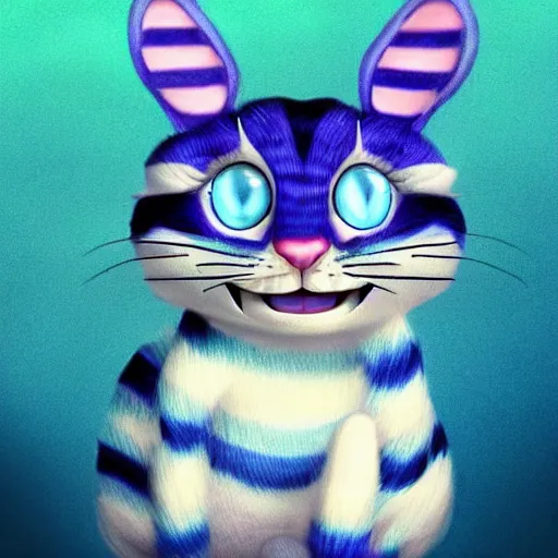 Image similar to cute blue striped cheshire cat. an adorable cat with light blue stripes, blue eyes and a big mischievous smile. stunning digital art by eva balloon. fluffy, soft