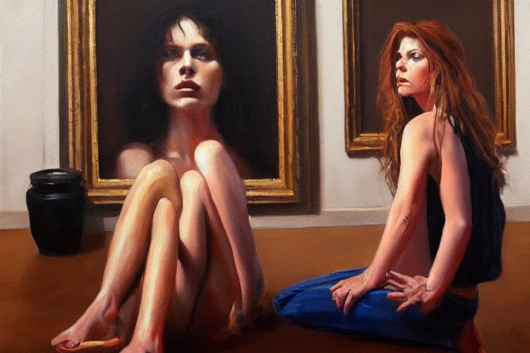 Image similar to an extremely high quality hd, a woman sitting on the floor in front of a painting, a hyperrealistic painting by robert lenkiewicz, trending on artstation, figurative art, oil on canvas, art, fine art, 8 k, ultra realistic, very realistic