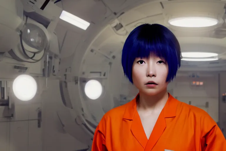 Prompt: an 8 k photograph depicting haruka abe wearing an orange prison jumpsuit. behind her a blue holographic face hangs in the air, dominating the background scene. futuristic medical equipment surrounds haruka abe. cinematic lighting, soft focus, panavision camera, sci fi, futuristic,