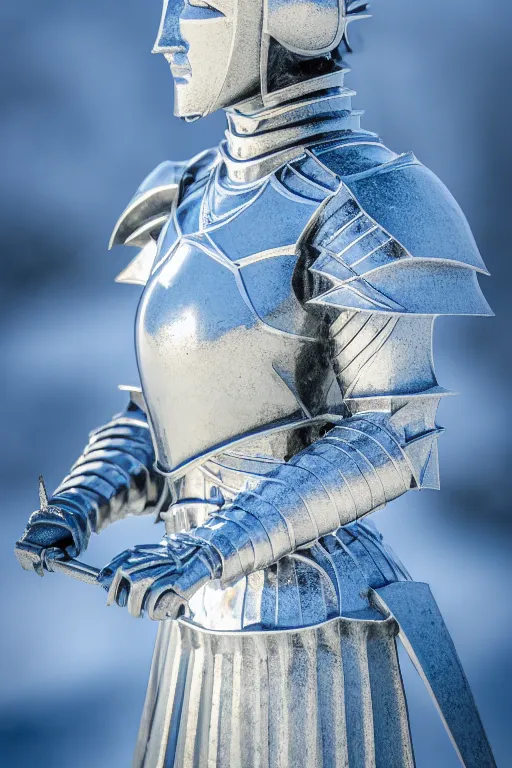 Image similar to a sculpture of female knight made of ice, symmetry, cinematic, elegant, luxury, perfect light, perfect composition, dlsr photography, sharp focus, 8 k, ultra hd, sense of awe, highly detailed, realistic, intricate