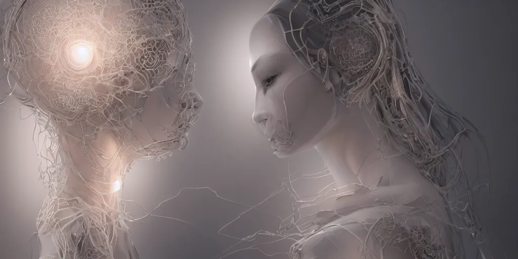 Image similar to realistic photography of a beautiful cyborg androgynous humanoid, holding close, soft glowing, intricate filigree, in the style of beth cavener, jin kagetsu, wlop, highly detailed, symmetry, masterpiece, concept art, ringflash, highkey lighting, ambient lighting, octane render, 8 k, artstation