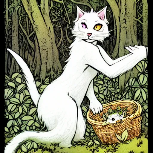 Prompt: A cute white-furred cat-girl Herbalist collecting flowers in the forest. Absurdly-detailed fantasy character illustration by Rebecca Guay and Wayne Reynolds