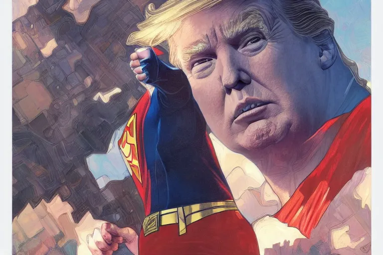 Image similar to donald trump as superman, detailed portrait, realism, 4 k, art by greg rutkowski, alphonse mucha, artistic, trending on artstation, beautiful mural