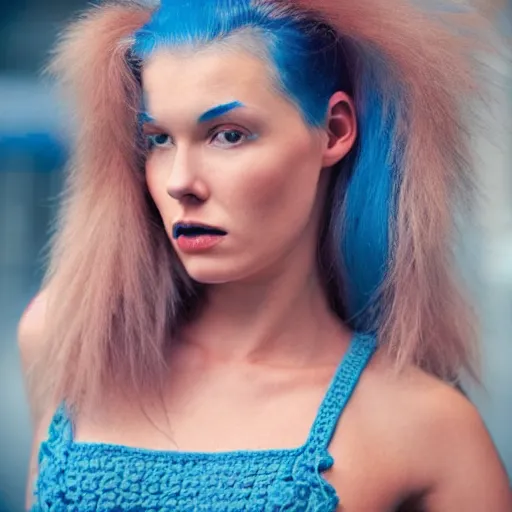 Image similar to A photo of a caucasian female model with blue hair wearing a crocheted croptop