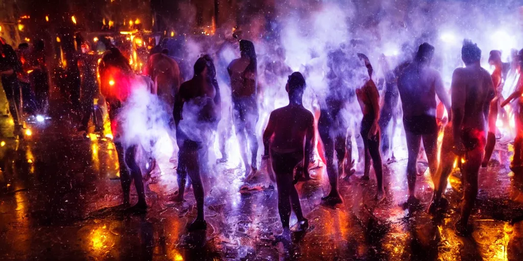 Image similar to love, groups of people with glowing bodies, from behind, rebirth, beauty, wide angle, elaborate, wet, highly detailed, smoke, steam, reflections, vivid colors, beautiful lighting