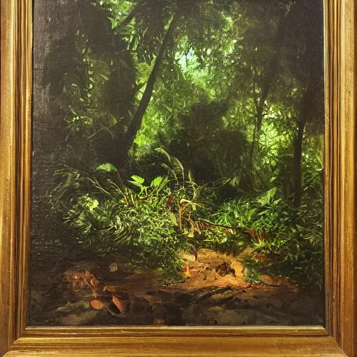 Image similar to an oil painting of a treasure lost in a lush rainforest