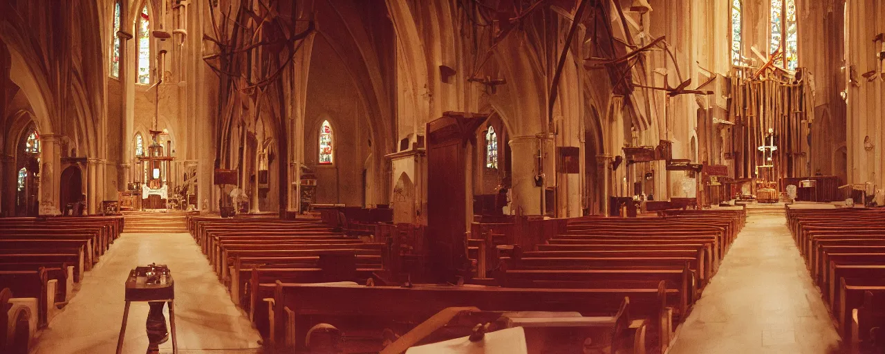 Image similar to interior of a church with a large cross on the podium covered in spaghetti, worshippers in the pews in the background, canon 5 0 mm, cinematic lighting, photography, retro, film, kodachrome, closeup