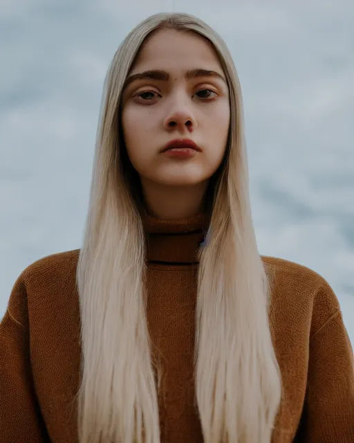 Prompt: girl with [ long beige hair, white skin, wearing a turtle neck ], 4 k photorealism, full face view, trending on unsplash