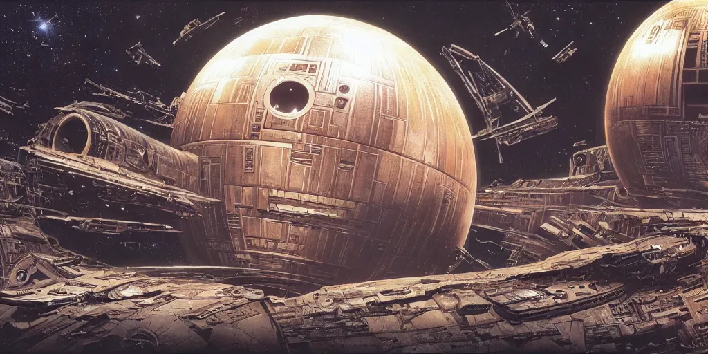 Image similar to a steampunk death star by doug chiang and ralph mcquarrie, a spaceship approaches the wreckage of a derelict in deep space,