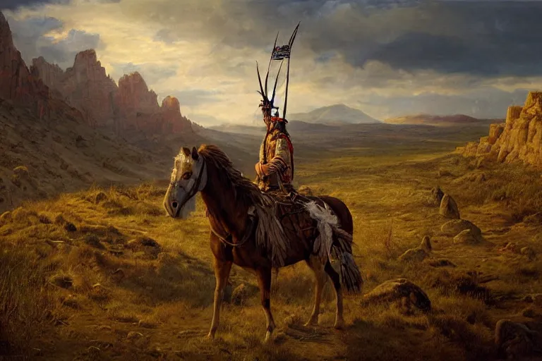Prompt: a full length extremely detailed masterpiece painting of one rugged warrior american native ute with a feather in his head - ban sitting on his painted war horse surveying a rugged utah mountains, in the style of charles marion russell, insanely detailed, extremely moody lighting, glowing light and shadow, atmospheric