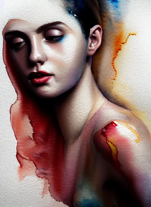 Prompt: beautiful young woman in soda water, in the style of irakli nadar, effervescent, warm, dark, watercolor, deep mood, hyperrealism, epic and cinematic,