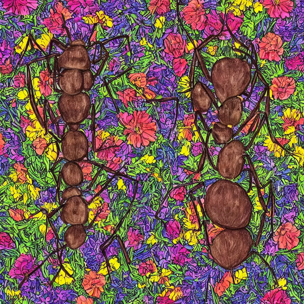 Prompt: a symmetric portrait of the face of an ant, surrounded by flowers, by well renowned world artist