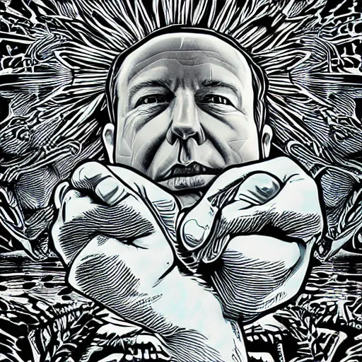 Image similar to Alex Jones turning thousands of frogs gay. Super resolution. Award winning illustration art in the style of Alex Grey