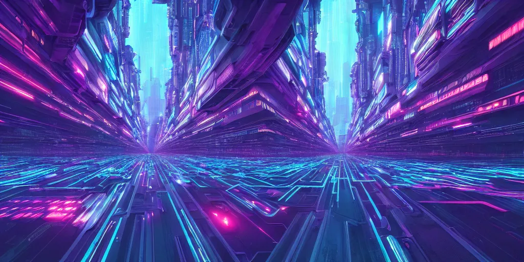 Image similar to a landscape view of a cybernetic cathedral overlooking an higway made of rows of glowing codes and symbols, energy surges, cyberpunk, beautiful detailed, cinematic, strong lighting, hi - fructose art magazine, photorealistic, 8 k, gradient cyan to purple, by paul lehr and david heskin