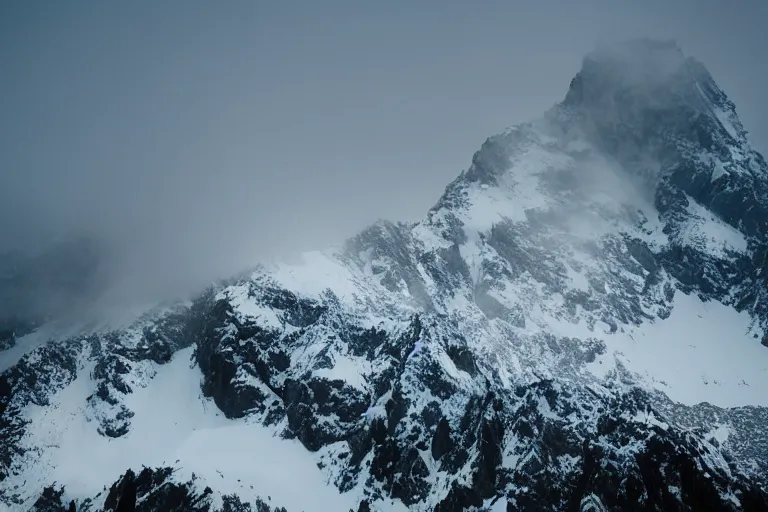 Prompt: taking from above, snowcapped mountain with lots of fog and there was a giant on the top of the mountain. high detail, photorealistic, good lighting, unbelievable.