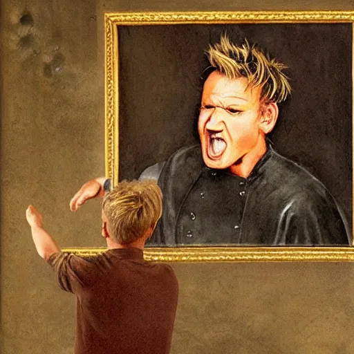 Prompt: A portrait of Gordon Ramsay yelling, wearing a chef uniform, painted by Leonardo da Vinci