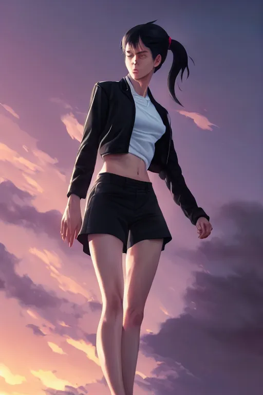 Image similar to black ponytail hair, pale woman in a black unzipped jacket, black shorts, by artgerm, beautiful render, matte painting, realistic, dynamic angle, wlop, loish, octane render, sharp focus, decadent, by greg rutkowski makoto shinkai