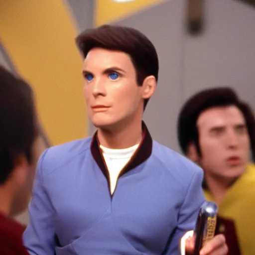 Image similar to acting ensign Wesley Crusher from the USS Enterprise drinking romulan ale in ten forward, set photo, candid, film grain