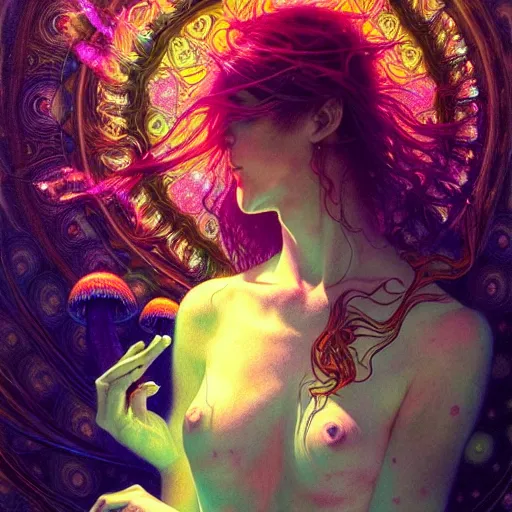 Image similar to An extremely psychedelic experience, colorful, surreal, dramatic lighting, magic mushrooms, psilocybin, LSD, face, detailed, intricate, elegant, highly detailed, digital painting, artstation, concept art, smooth, sharp focus, illustration, art by Krenz Cushart and Artem Demura and alphonse mucha