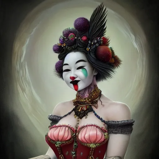 Prompt: ultra realist soft painting of a single attractive asian female clown with gothic makeup smiling in a long dress, curiosities carnival, symmetry accurate features, very intricate details, focus, curvy, artstyle by Tom Bagshaw, award winning