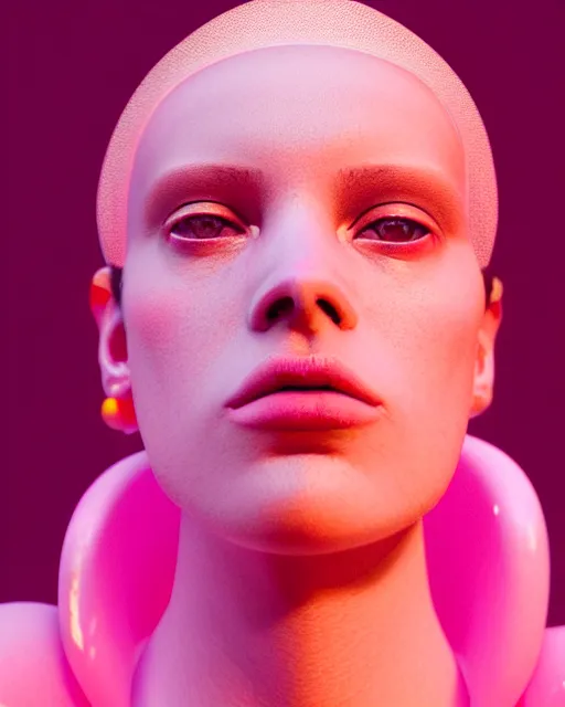Image similar to hyperrealist highly intricate post-punk portrait pink pearlescent exoskeleton beautiful goddess concept art pascal blanche key sage dramatic yellow lighting 8k high angle shallow depth of field