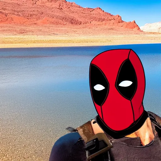 Image similar to deadpool sticking his head out of empty drained lake mead