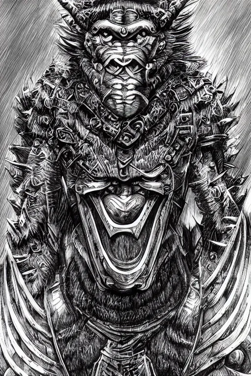 Prompt: armoured warrior baboon monster, symmetrical, highly detailed, digital art, plant themed armour, sharp focus, trending on art station, kentaro miura manga art style