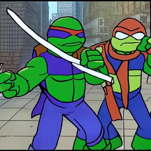 Prompt: teenage mutant ninja turtles as minecraft characters fighting shredder in the streets of new york