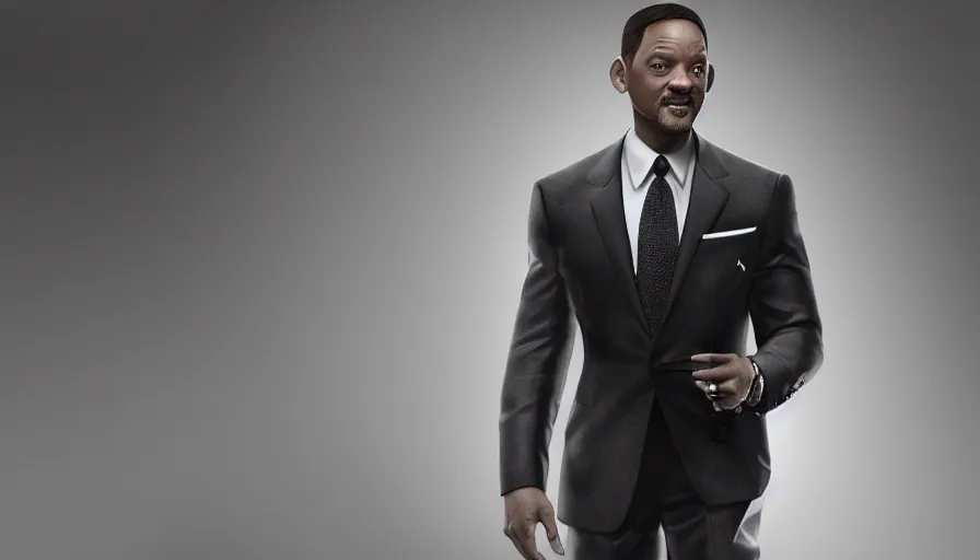 Image similar to will smith is james bond in suit and tie, white background, hyperdetailed, artstation, cgsociety, 8 k