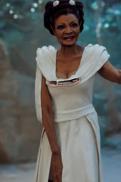 Prompt: photorealistic!! adult nichelle nichols as princess leia, white regal gown, hair buns, lt uhura film quality