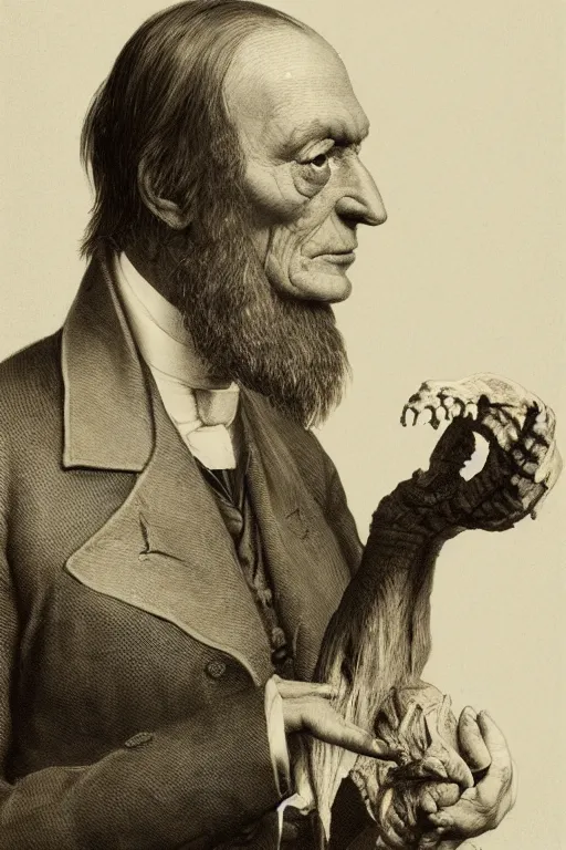 Image similar to photo of Sir Richard Owen holding moa bone in his hand in London 1851 , ultra realistic , sharp-focus , photo realism , with depth of field, symmetrical faces, rule of thirds , renderman , hd, ultra-hd,