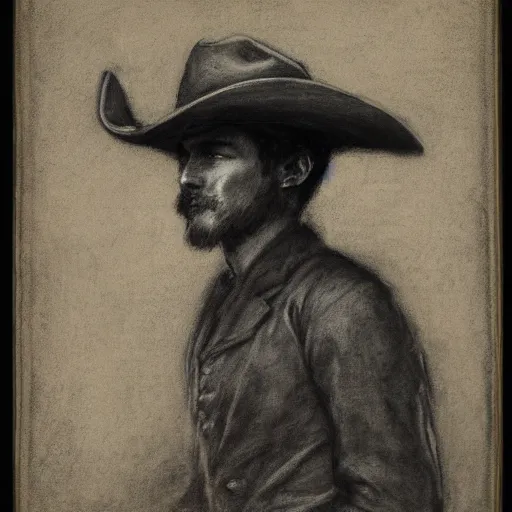 Image similar to portrait of a young action hero cowboy monster hunter, by alfred stevens in charcoal