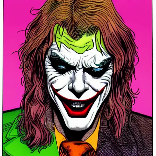 Image similar to dynamic macro head portrait of kurt cobain as the joker in by john romita sr and cory walker and ryan ottley and jack kirby and barry windsor - smith, comic, illustration, photo real