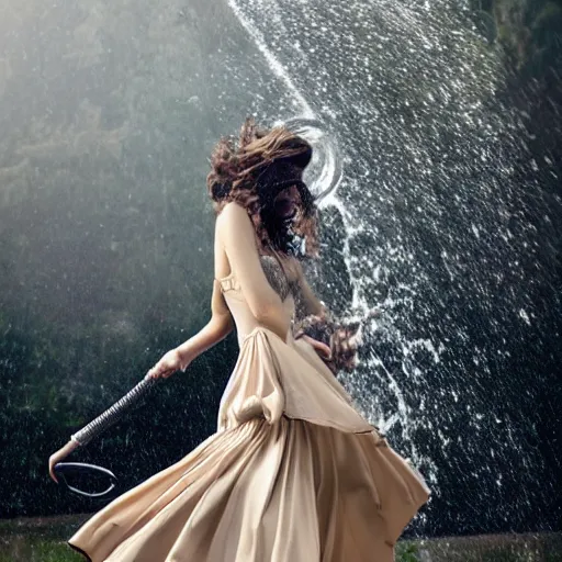 Prompt: fashion model is getting wet by a hose, luxury dress, official valentino editorial, highly detailed