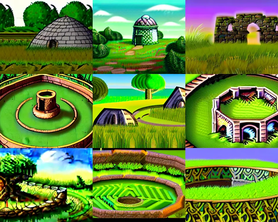 Prompt: old ruins of a small circular structure in a near empty grassy field from a fantasy themed point and click 2 d graphic adventure game, art inspired by thomas kinkade
