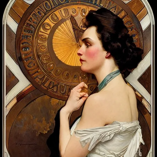 Image similar to portrait of beautiful woman by jc leyendecker, by norman rockwell, by alphonse mucha, by greg rutkowski