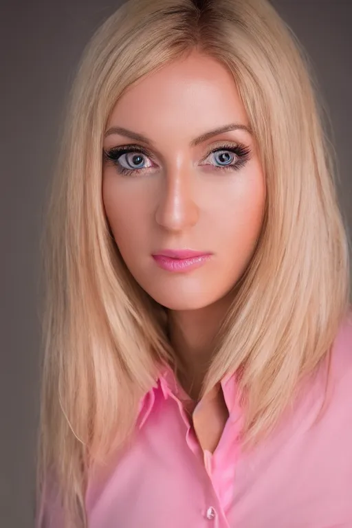 Image similar to 2 8 year old professional blonde female model wearing pink blouse, portrait, neck zoomed in, photo realistic, slr, studio lighting, golden hour, 4 k, high definition