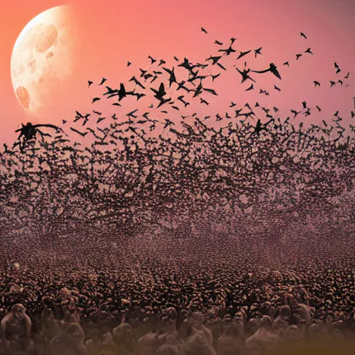 Prompt: swarm of bats in the shape of a woman, high resolution photograph, dawn light